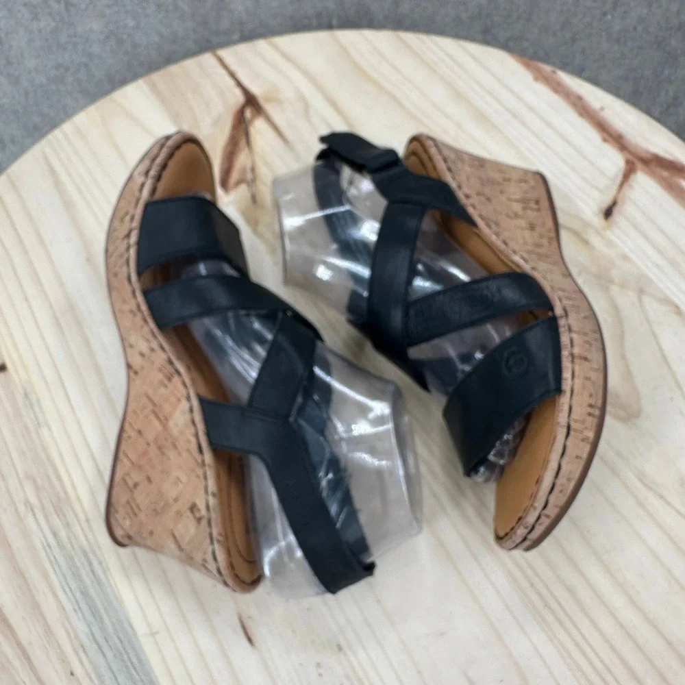 Born B.O.C. Schirra Wedge Sandals Womens 8 Black Faux Leather Strappy Cork Heel